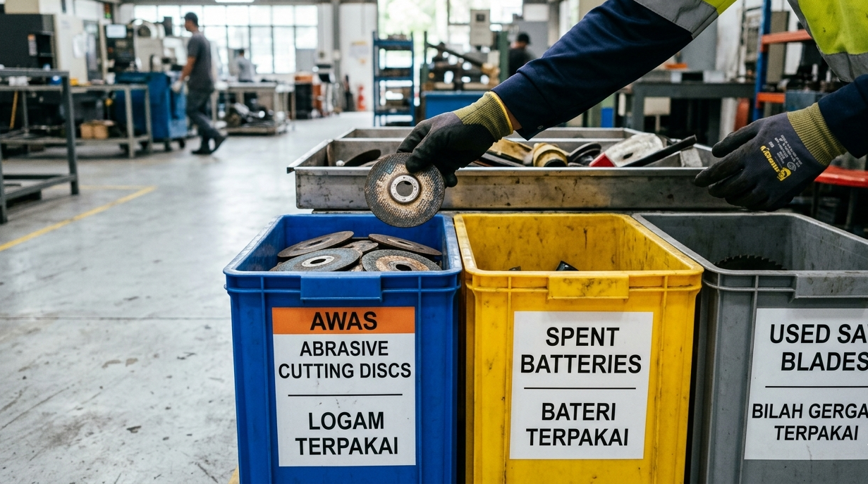 Used abrasive discs, blades and batteries sorted into recycling bins