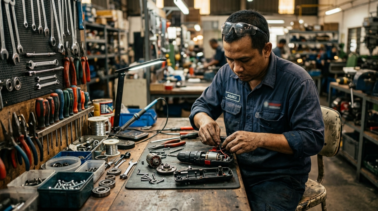 Technician repairing a power tool with spare parts at a workbench