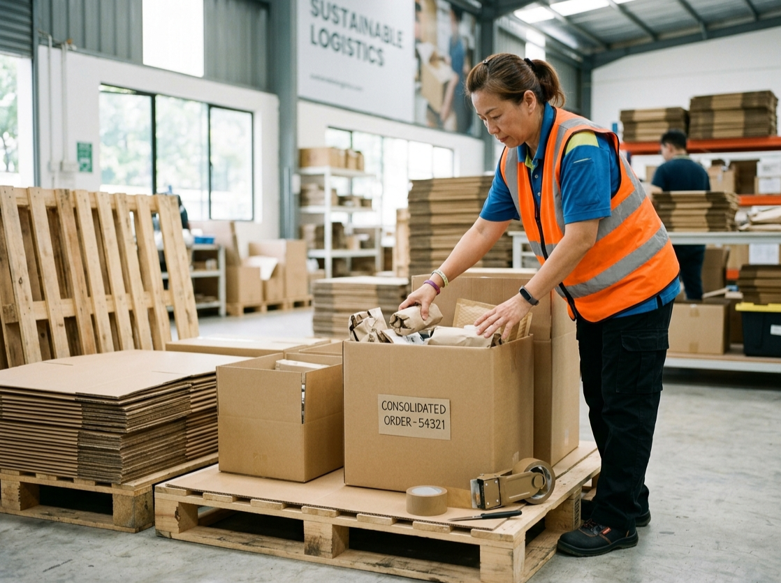 Consolidated order packed into reusable cardboard packaging