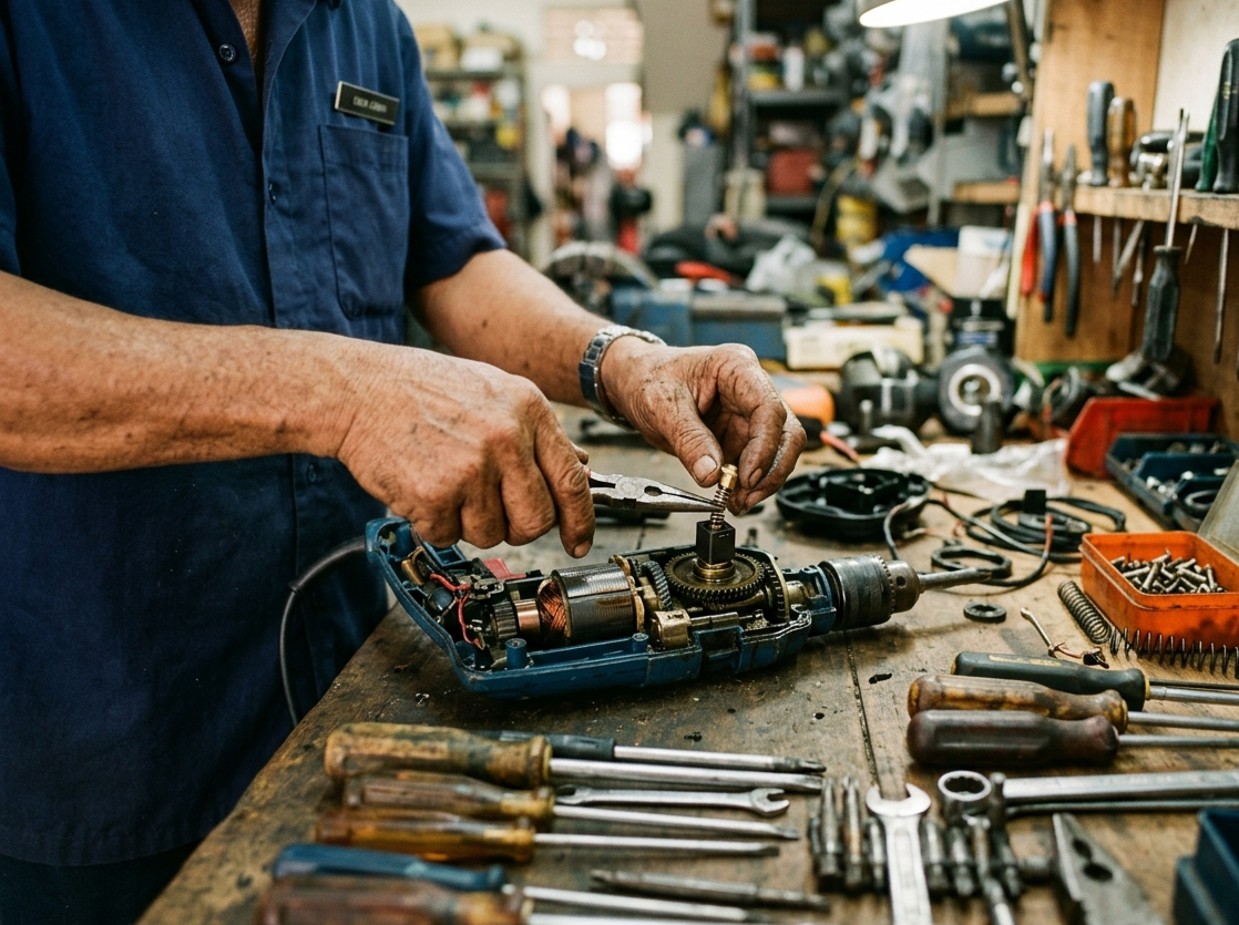 Technician repairing a power tool at a workbench